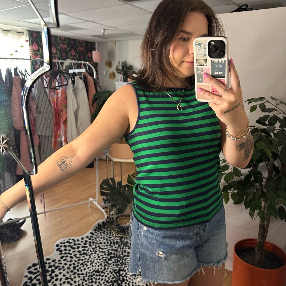 J. Crew Crew Neck Stripe Tank Top Green Navy Size Large - Picture 3 of 5
